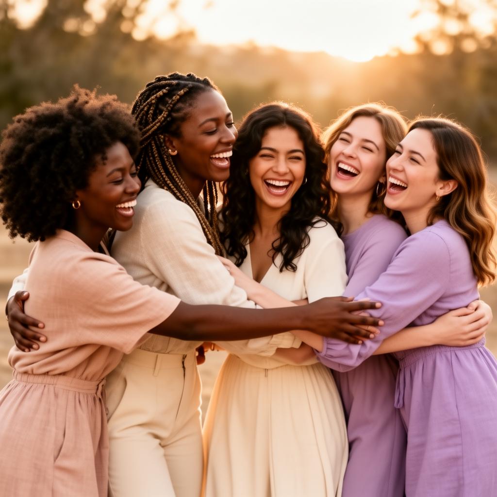 Women in sisterhood, embracing and laughing
